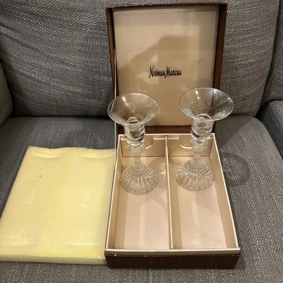 Pair of Neiman Marcus Crystal Candlesticks Preowned With Case