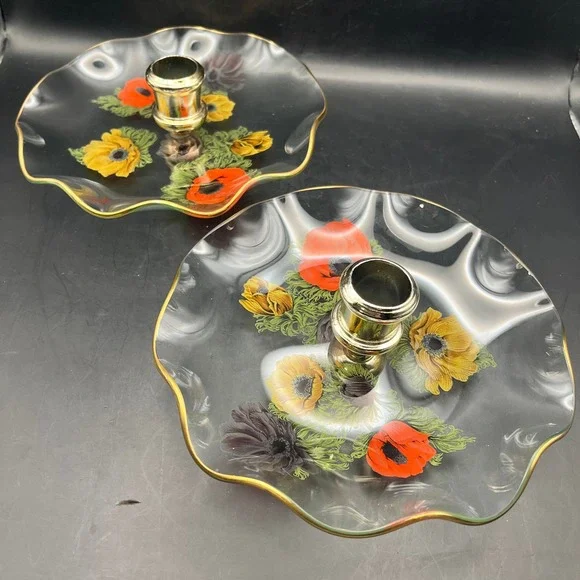 Vtg Pair of Glass Poppy Floral Ruffled Taper Candle Holders Gold Rim 6.75