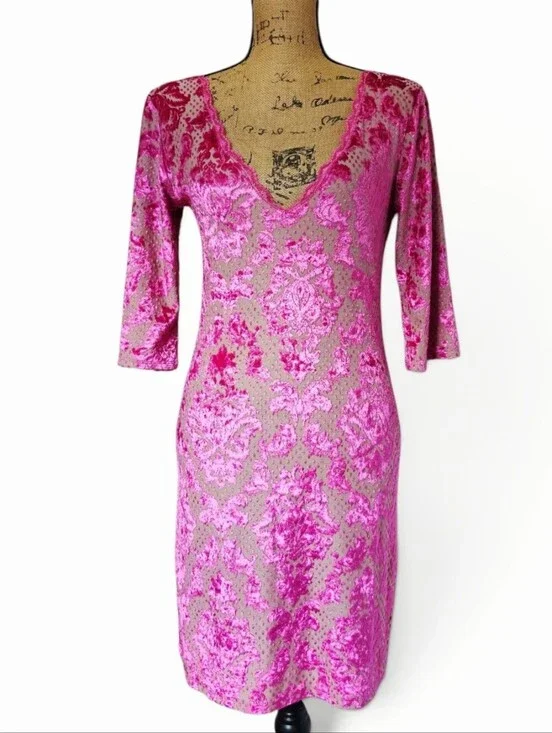 Free People Sexy Boho Intimately Pink Velvet Burnout Bodycon Mini Dress, Size M