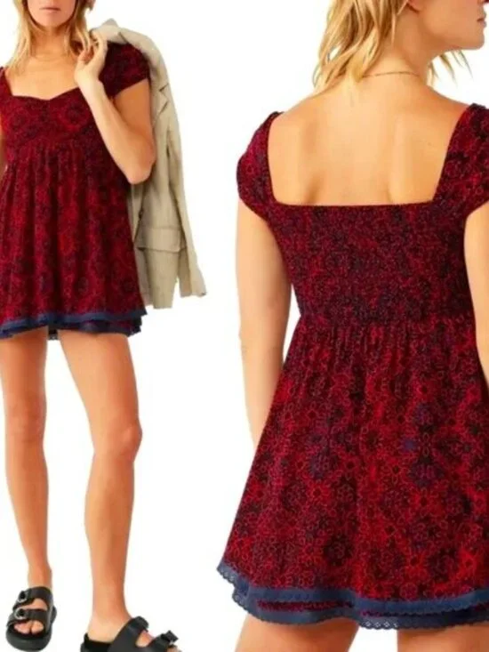 Free People Tabitha Floral Sweetheart Neck Cap Sleeve Babydoll Mini Dress M NWT
