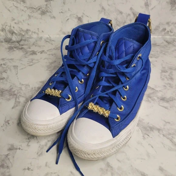 Converse Chuck Taylor All Star High Top Blue‎ Satin Quilted Gold Bamboo Sneakers