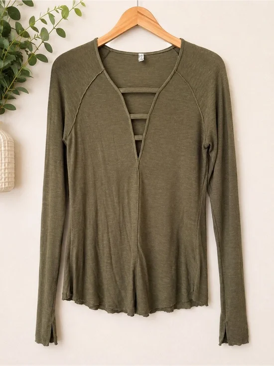Free People Intimately Bae Bae Layering Top Hunter Green Long Sleeve Size Large