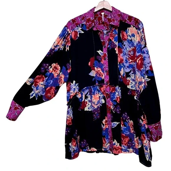 Free People Size XS Shirt Dress Oversized Floral Button Tunic Black‎ Purple Boho