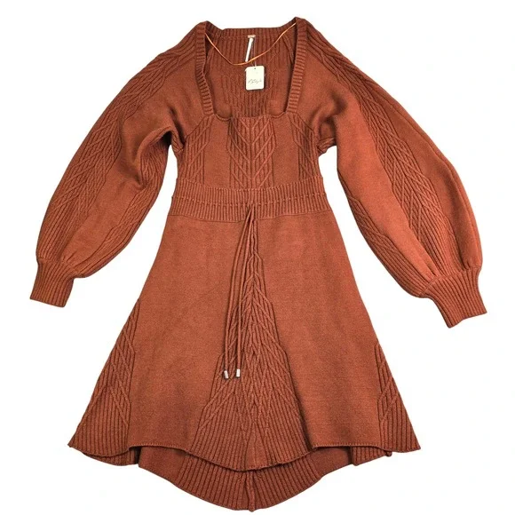 Free People Sweater Dress Womens XL Rust Orange Cable Knit Open Back Balloon New