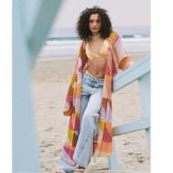New FREE PEOPLE Chasing Rainbows Cardi In Tropical Rainbow Combo