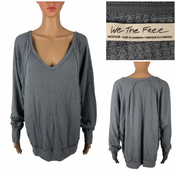 Free People We the Free Santa Clara Thermal Top Medium Gray Knit V Neck Stretch