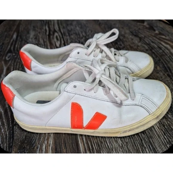 Veja Esplar White Orange Leather Low Top Sneakers Womens Size 7 EU 38