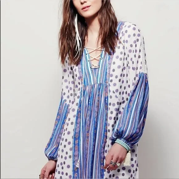 Free People Rain Shine Printed Lace-Up Swing Dress, NWT