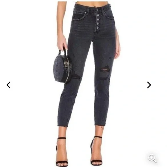 Free People Button Fly Blossom Rigid Skinny High Rise Black Distressed Size 28