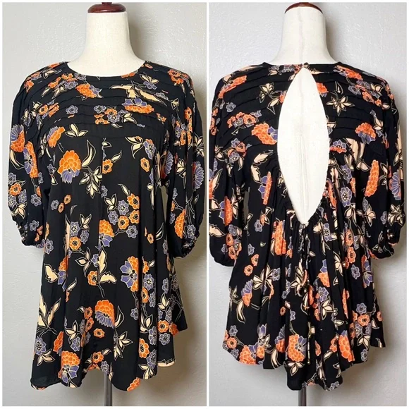 •FREE PEOPLE• Edie Oversized Open Back Hi Low Tunic‎ Top in Black Floral Size XS