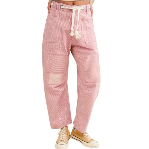 Nwt WE THE‎ FREE Moxie Low Slung Pink Railroad Barrel Jeans Striped Patch Sz 32