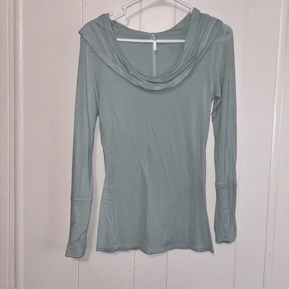 Free People Sea Blue Green Long‎ Sleeve Fitted Tencel Shirt Running Late Top Med
