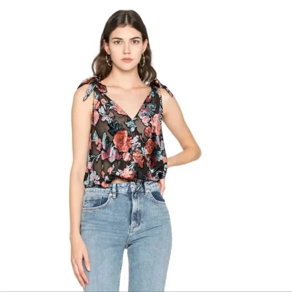FREE PEOPLE “Tied‎ to You” Floral Velvet V-Neck Tie Shoulder Sleeveless Tank