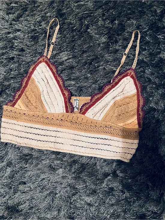 Free People Crochet Bralette in Cream, Tan & Burgundy Trim