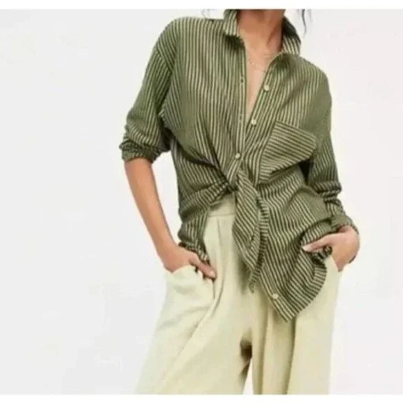 Free People Beach Better Days Button Down Shirt Women  Green Brown Striped Large