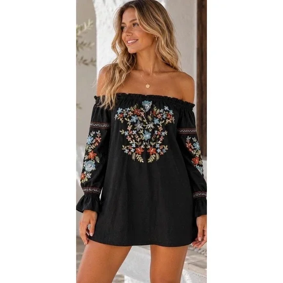 Free People Faded Bloom Mini Dress  MEDIUM Black Floral Embroidered OB626578