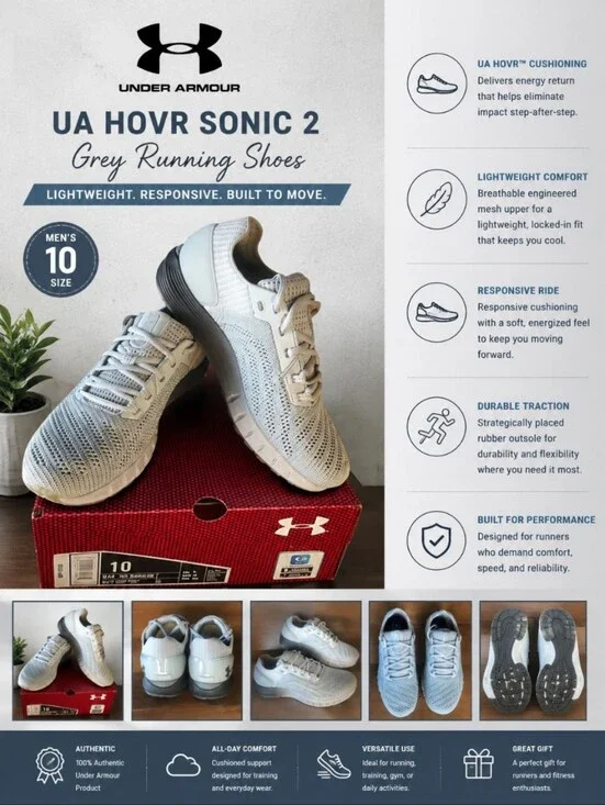 UNDER ARMOUR UA HOVR Sonic 2 Grey Running Shoe 10