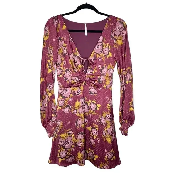 Free People Morning Light Dress 6 Mauve Floral Polka Dot Satin Keyhole Boho