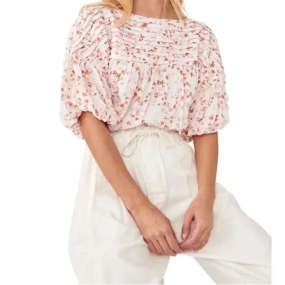 Free People Dessa Floral Pink Puff Sleeves Bodysuit‎ Small
