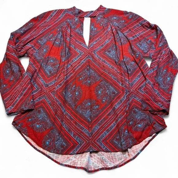 Free People Walking on a Dream Red & Blue Printed Long Sleeve‎ Tunic large