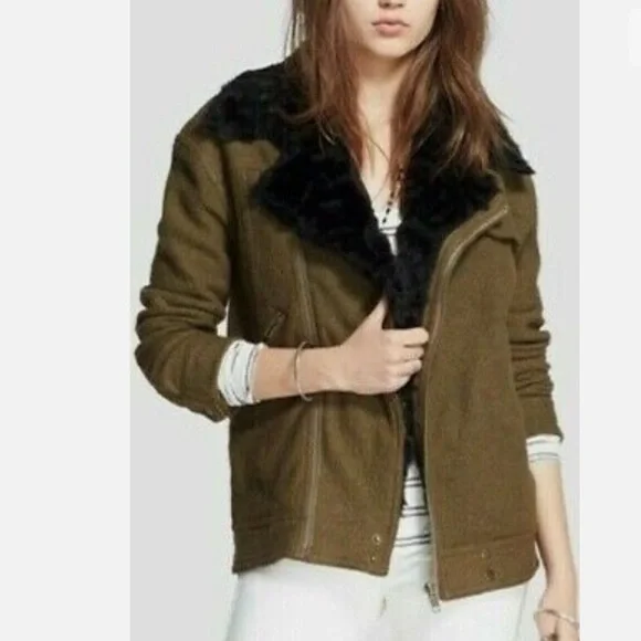 Free People Olive Green Oversized Wool Blend Moto‎ Faux Fur Jacket Size XS