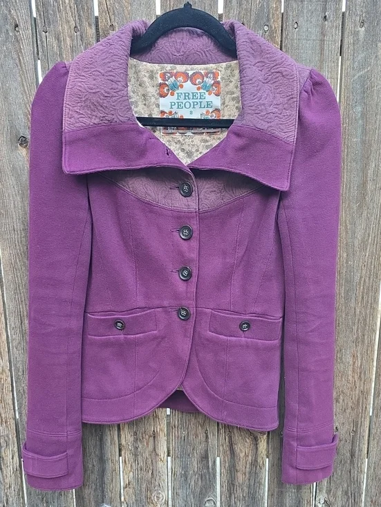 Free People Plum Purple Button Front Blazer Jacket Floral Lining