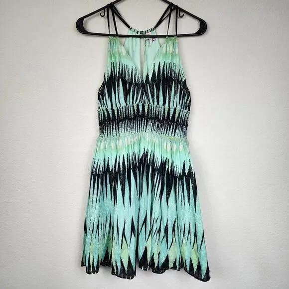 Free People Black Green Mini Metallic Fit Flare Dress