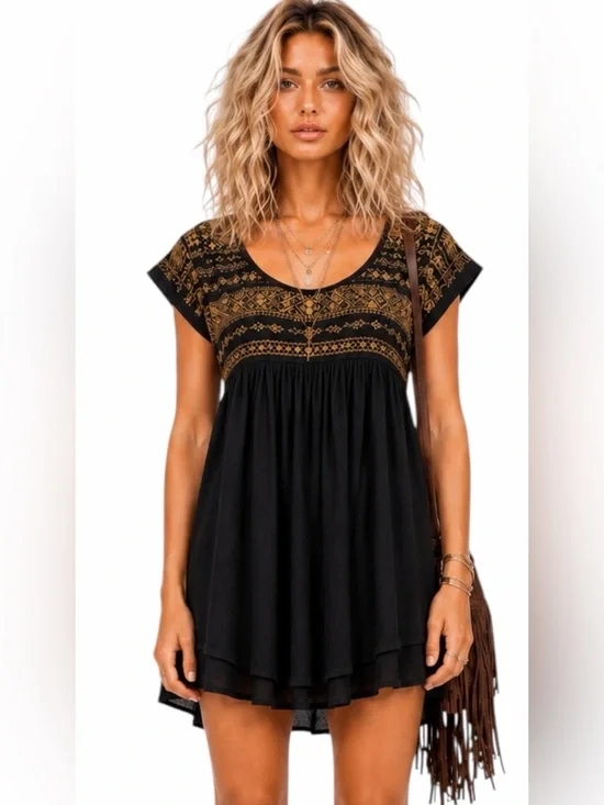 Free People – Embellished Boho Babydoll Tunic Mini Dress – Black Ivory – Sz. L