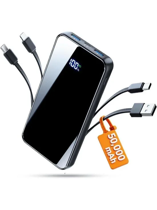 High-Capacity 50000mAh Portable Power Bank with 4 Built-in Cables & Fast