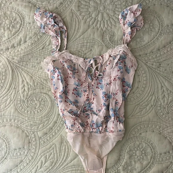 Free People Floral Lace Bodysuit - Cream and Blue