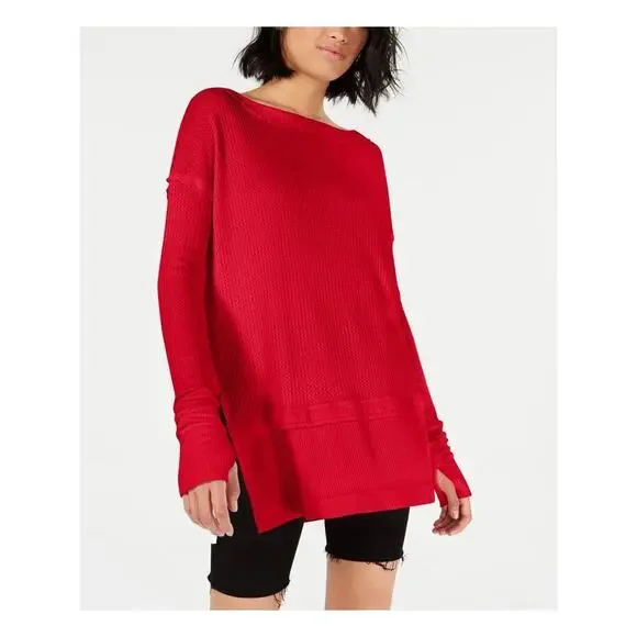 Free People North Shore Thermal Knit Tunic Top Red Size S