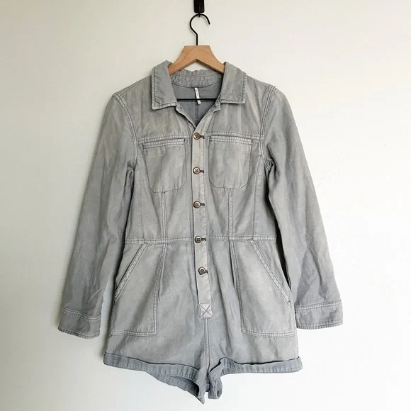 Free People Long Sleeve One Piece Button Front Collared Utility Romper
