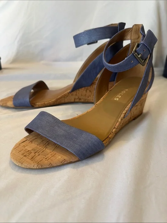 AEROSOLES Denim Blue Cork Wedge Sandals with Ankle Strap
