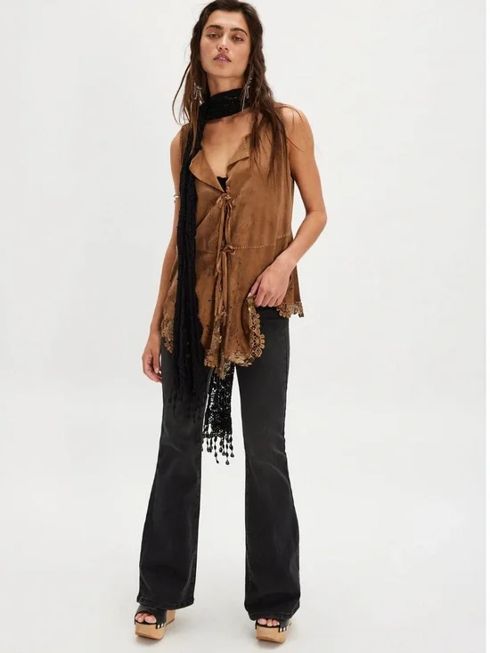 Nigel Preston & Knight Lace Trim Suede Bolero Vest- Women