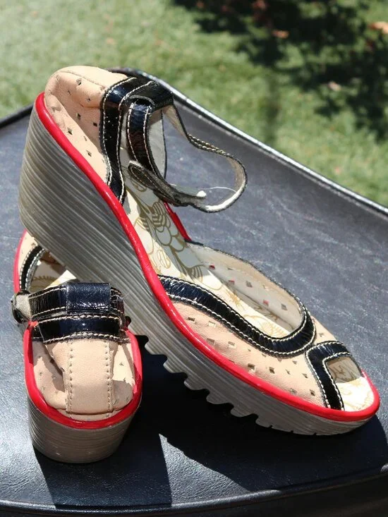 FLY LONDON Ydel Sandals Perforated Wedge Heels Shoes Leather