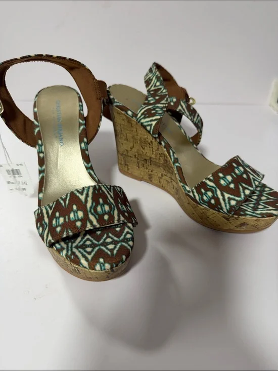 Christian Siriano Brown and Teal Pattern Cork Wedge Sandals