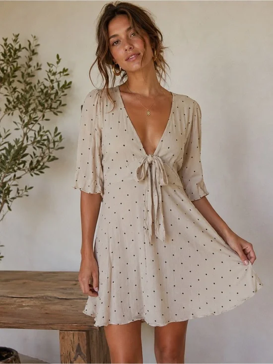 Free People Cream and Green Polka Dot All Yours Tie Waist Mini Dress size 4