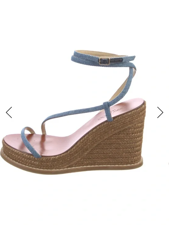 Jimmy Choo Denim Blue Strappy Wedge Sandal with Pink Insole
