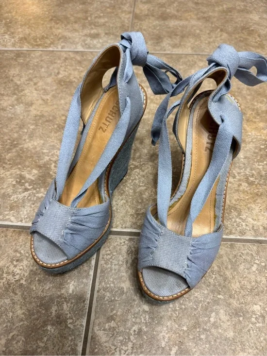 SCHUTZ Light Blue Denim Peep-Toe Wedge Sandals with Ankle Wraps