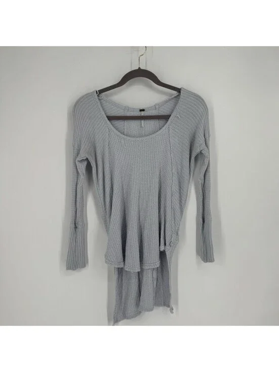 Free People top small S blue thermal knit waffle ribbed raw wedge slouchy artsy