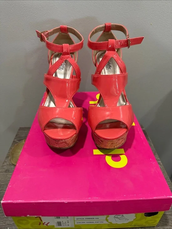 Charlotte Russe Coral Patent Cork Wedge Sandals