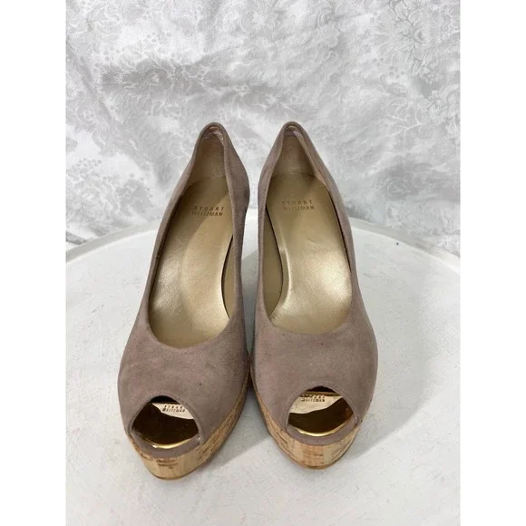 Stuart Weitzman Taupe Suede Peep Toe Cork Wedge Pumps A409779-1 Size 8N