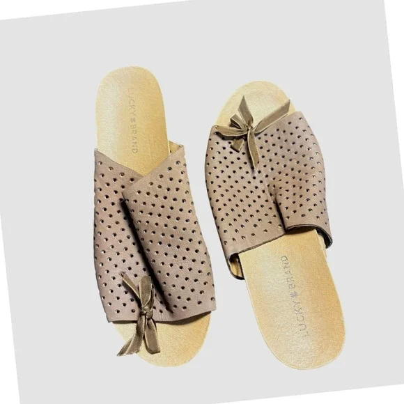 Lucky Brand JEMYA Taupe Leather Perforated Espadrille Wedge Slide Sandals 10M‎