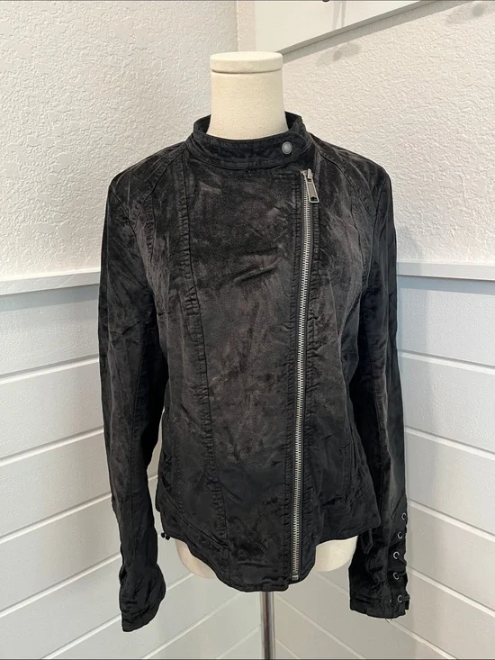 Free People Black Asymmetrical Zip Crushed Velvet-Look Jacket