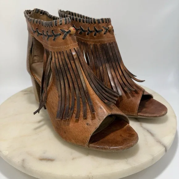 Roper Women's Sanded Brown Leather Bettina Peep Toe Fringe Bootie Size 11