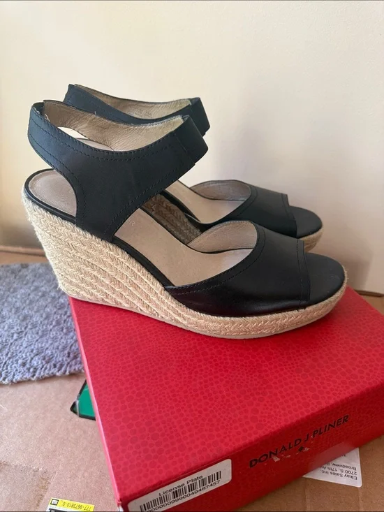 Donald J. Pliner Black Leather Espadrille Wedge Sandals