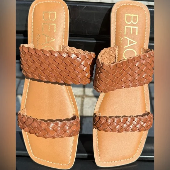 Matisse Sandals Beach Leather Braided Brown Cognac Open Toe Slip On Comfy Size 9