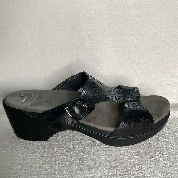 Dansko Sz 41 Sapphire Laser Cut  Black Slip-On Sandals 10,5-11 Buckle Wedge Heel