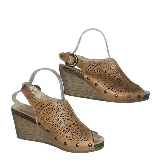 Pikolinos Tan‎ Leather Laser Cut Wedge Slingback Sandals Shoes40eu 9us sexy boho