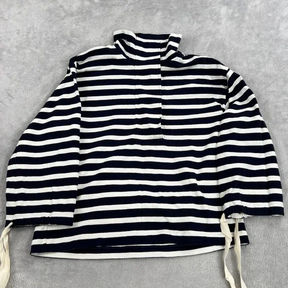 J. Crew Striped Funnel Neck Snap Pullover Womens L Navy White Nautical Preppy